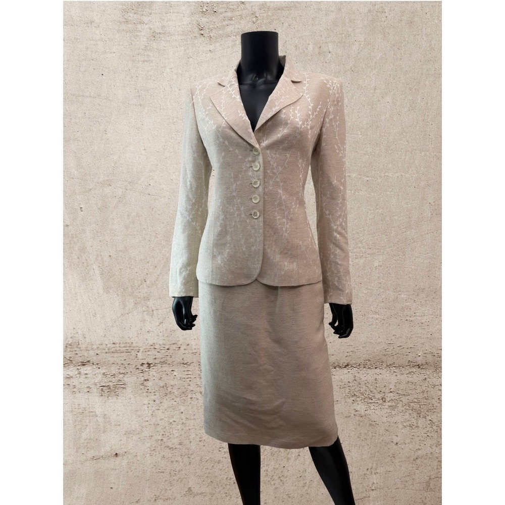Albert Nipon Linen Blend Skirt Suit Beige Floral 2pc Set Size 6 - Picture 2 of 12